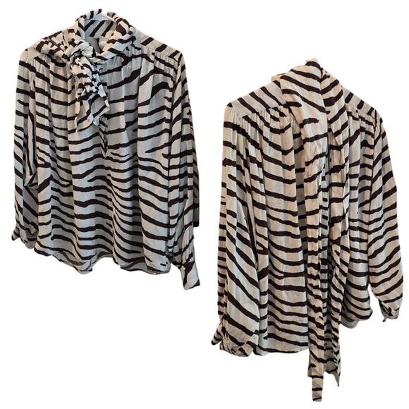 Balloon Long Sleeved Cropped Neck Bow Blouse Size 0 Zebra Print Brown Ivory - Picture 1 of 5